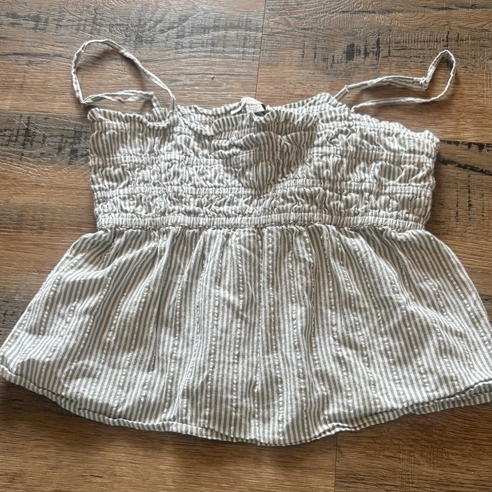 American Eagle Outfitters Striped Smocked Spaghetti Strap Tank - White & Gray